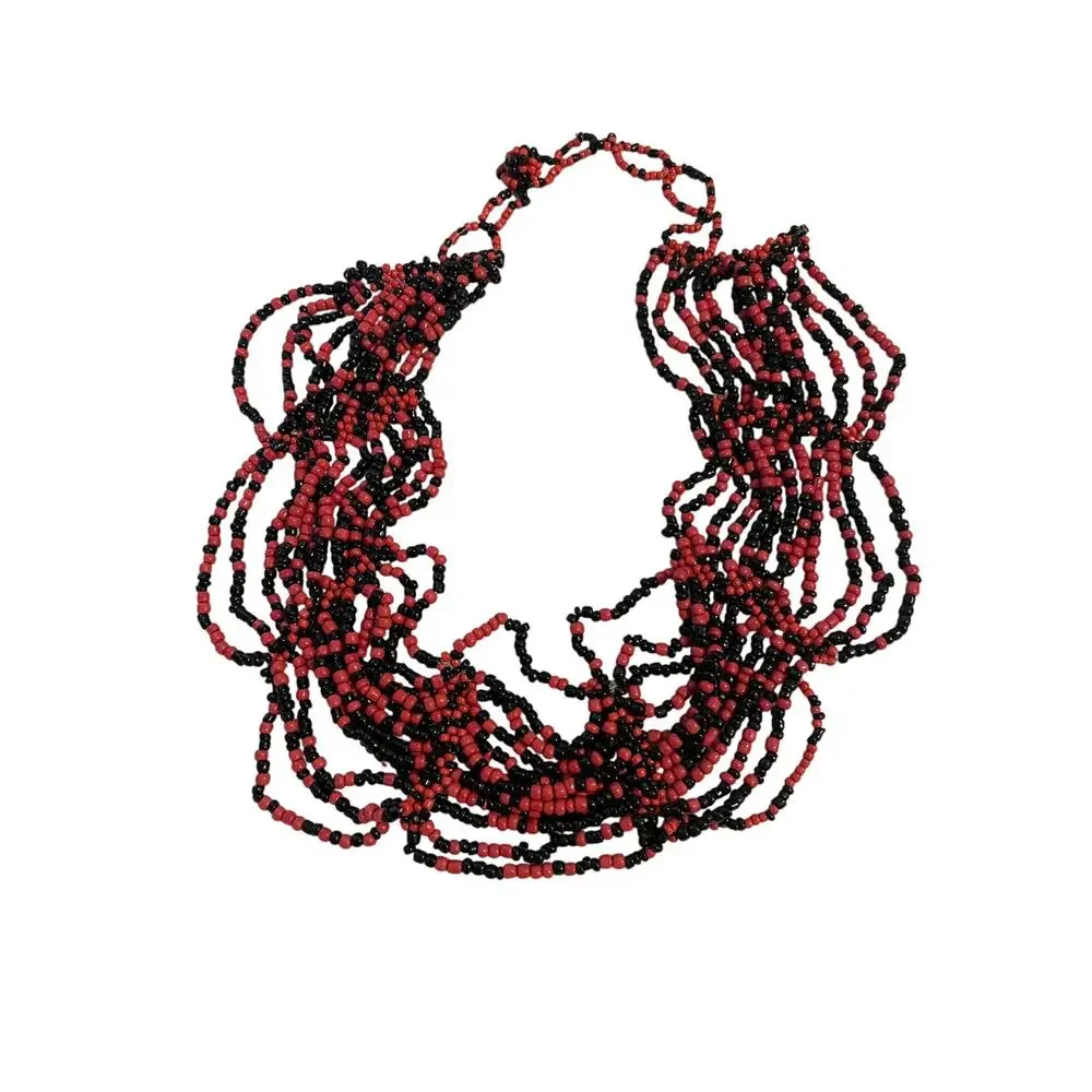 Multi stranded Necklace red and black beads statement piece jewerly